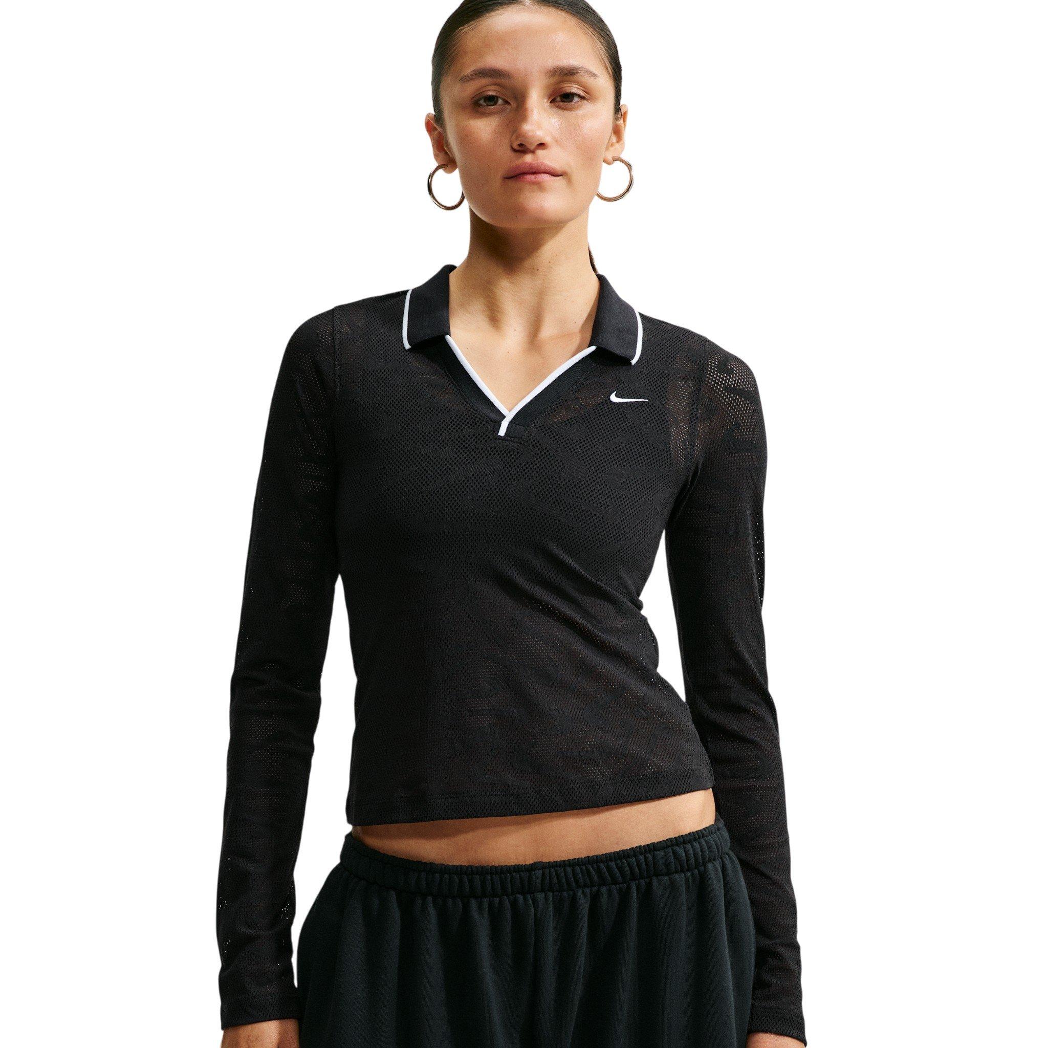 Nike Women's Sportswear Chill Knit Tight Mod-Cropped Long Sleeve Lace Top - Black - BLACK